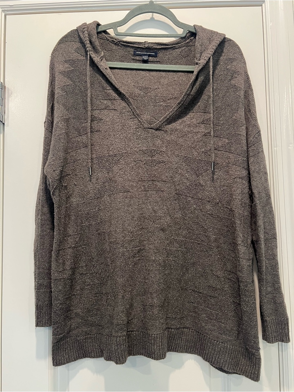 American Eagle Brown Hooded V-Neck Sweater - Medium
